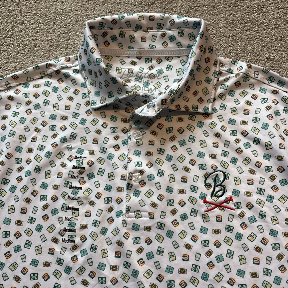 Barstool Sports Polo Shirt Golf Performance Snacks Patterned AOP Sz M Logo White